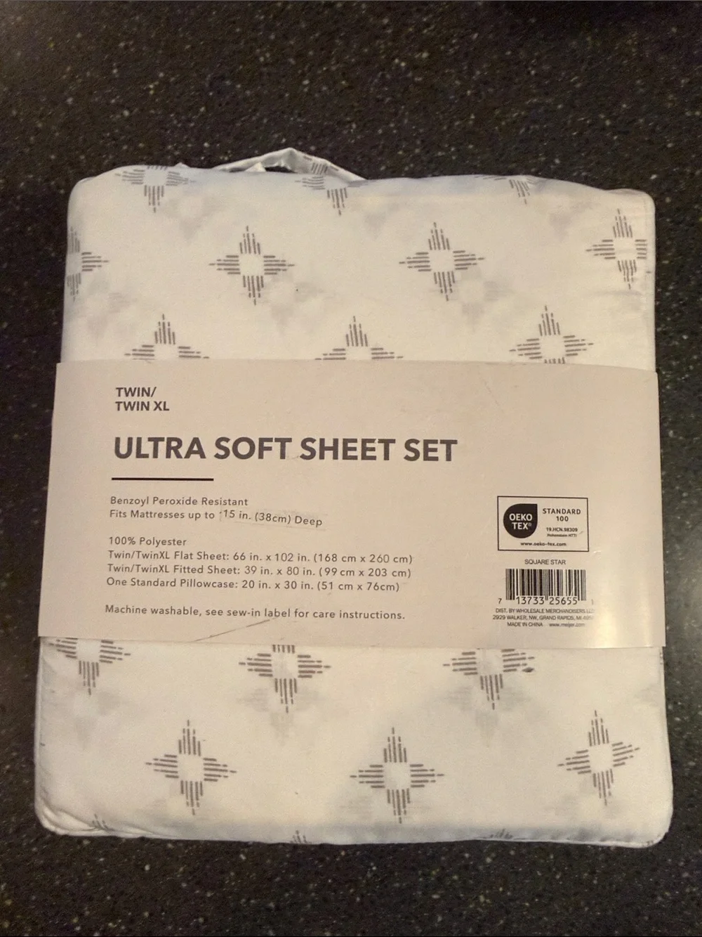 Ultra Soft Sheet Set - White with Gray Geometric Motif, Twin/Twin XL